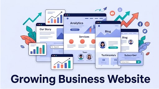 Illustration of a multi-page website with services, team, testimonials and analytics