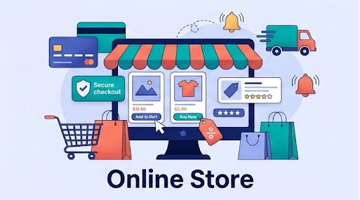 Illustration of an online shop with product pages, secure checkout and a shopping cart