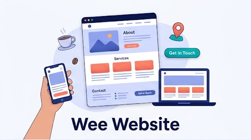 Illustration of a one-page website with about, services and contact sections