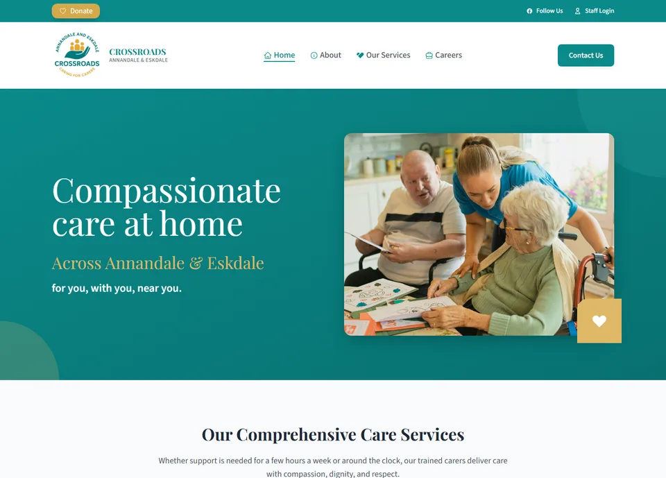 Crossroads Annandale & Eskdale website homepage showing compassionate care at home