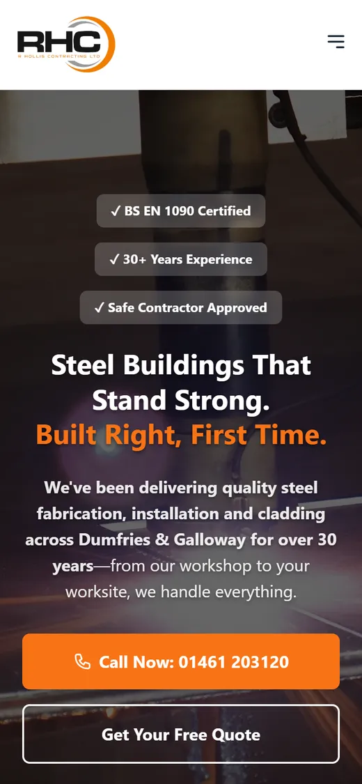 R. Hollis Contracting website on a mobile phone