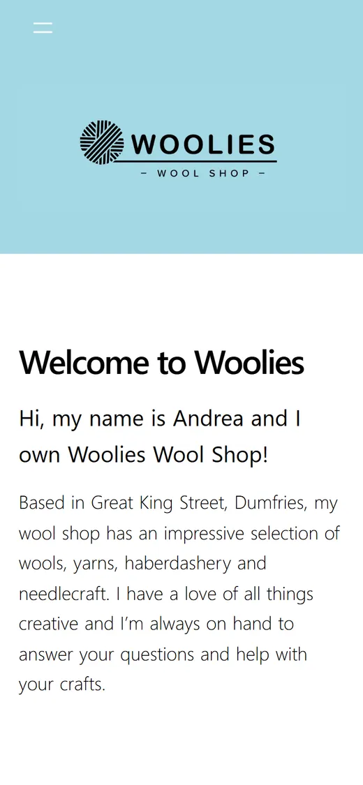 Woolies Wool Shop website on a mobile phone